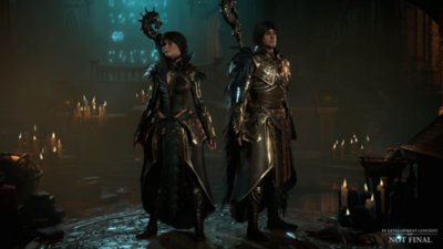 Diablo IV screenshot showing male and female sorcerers in a full Crow armour set 