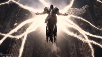 لقطة شاشة من Diablo IV يظهر بها Inarius وفي الخلفية أشعة ضوئية متفرقة