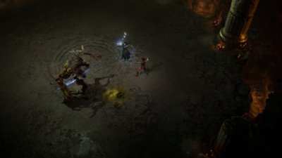 Captura de pantalla de Diablo IV que muestra a un héroe a caballo mirando hacia un lago de magma