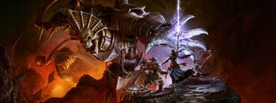 คีย์อาร์ต Diablo IV Season of the Construct แสดงให้เห็นนักรบสามคนและแมงมุมเครื่องจักรกำลังเผชิญหน้ากับสัตว์ประหลาดโครงกระดูกร่างยักษ์