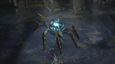 Diablo IV Season of the Construct στιγμιότυπο που απεικονίζει μια μηχανική αράχνη με φωτεινό πυρήνα.