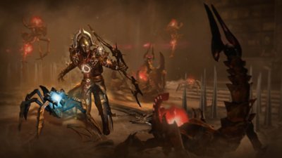 Captura de tela de Diablo IV, Temporada dos Construtos, mostrando o personagem do jogador e sua aranha mecânica combatendo vários inimigos, incluindo escorpiões mecânicos.