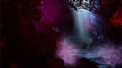 Promotional screenshot from Directive 8020 depicting a bright purple light over an alien landscape.