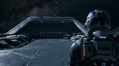 Directive 8020 screenshot depicting a character looking out over the hull of a ship during a space walk.