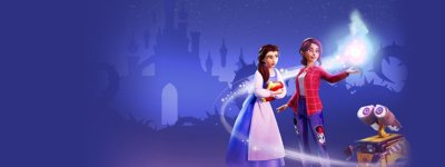 Heldenafbeelding van Disney Dreamlight Valley met daarop Belle, WALL-E en het hoofdpersonage