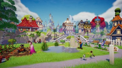 Ilustración de Disney Dreamlight Valley que muestra una amplia variedad de personajes de Disney y Pixar, incluidos Goofy, Wall-E y Belle, realizando diversas actividades en una pintoresca aldea 