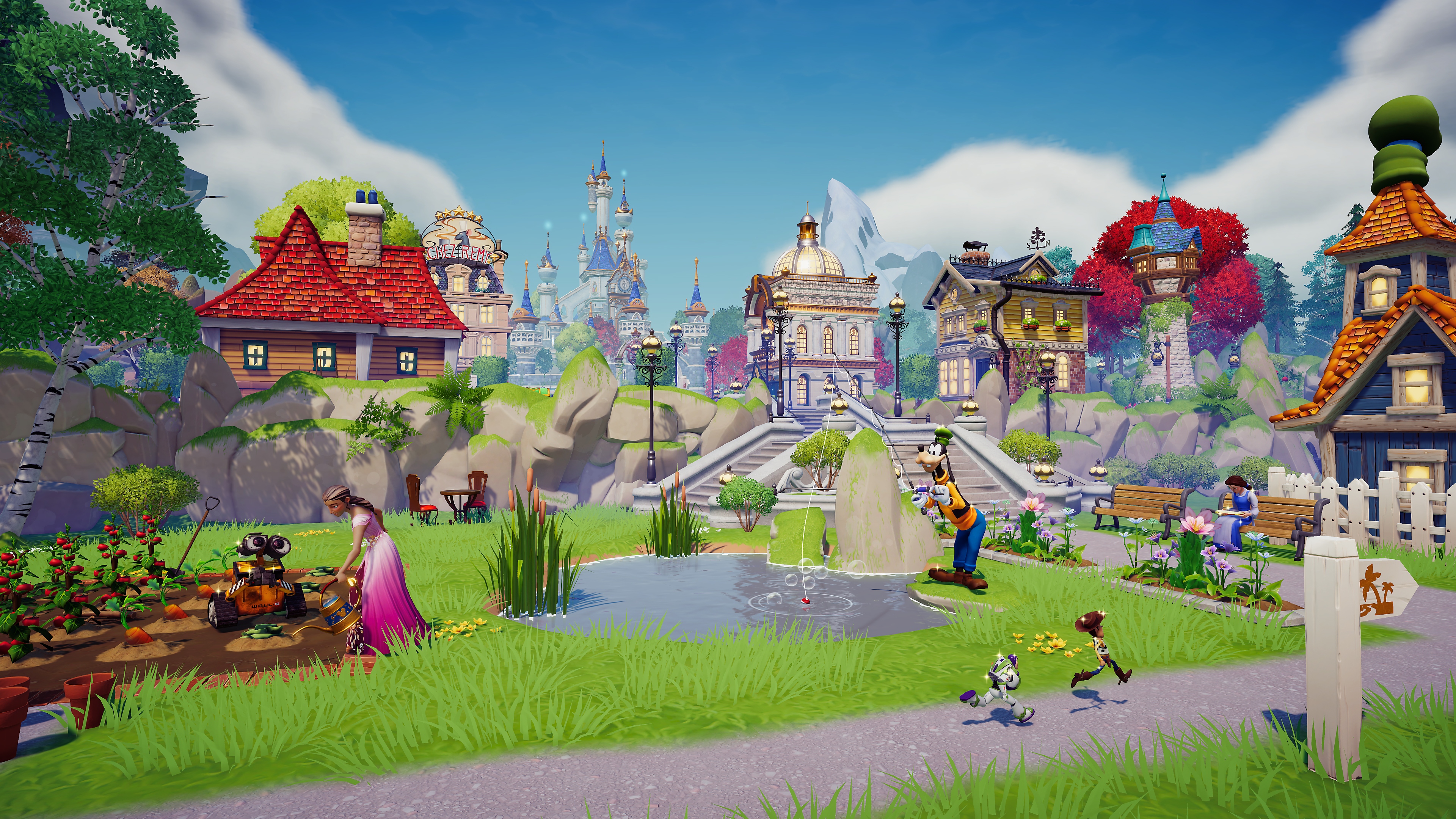 Screenshot van Disney Dreamlight Valley met daarop een dorp