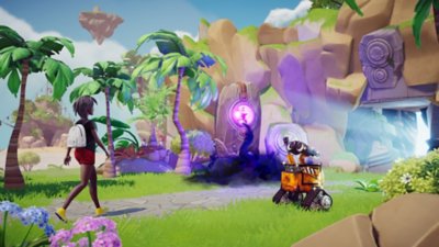Screenshot van Disney Dreamlight Valley met daarop WALL-E en een spelersavatar op het strand