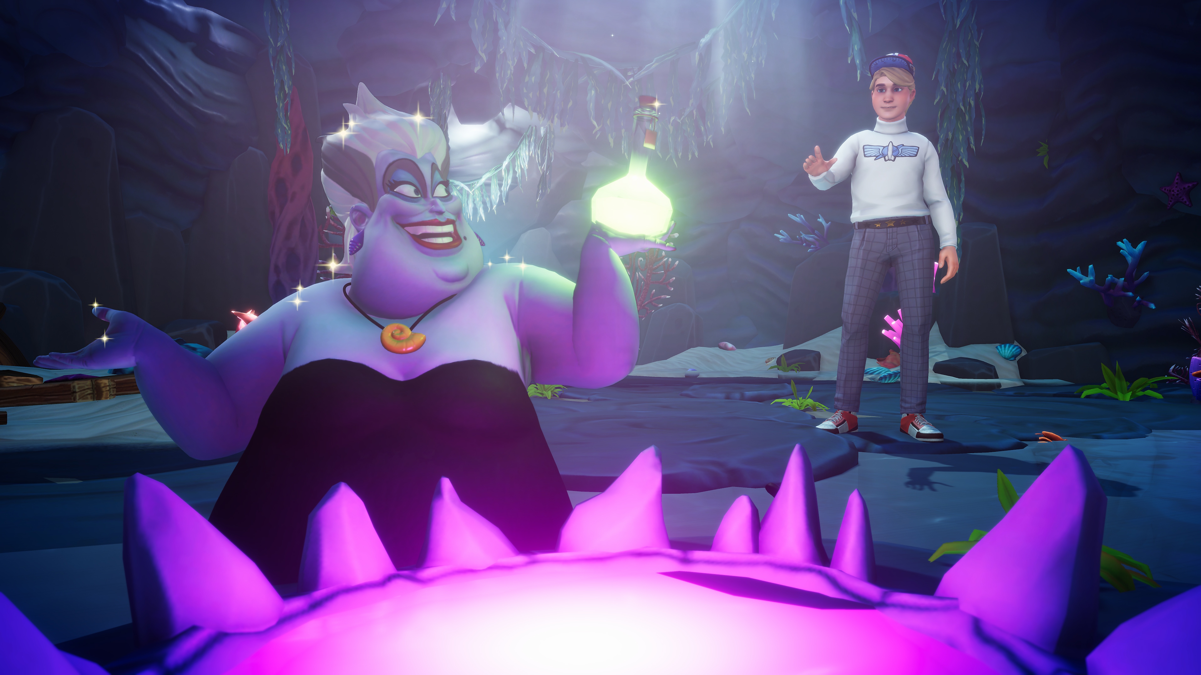 Screenshot van Disney Dreamlight Valley met daarop Ursula en een spelersavatar
