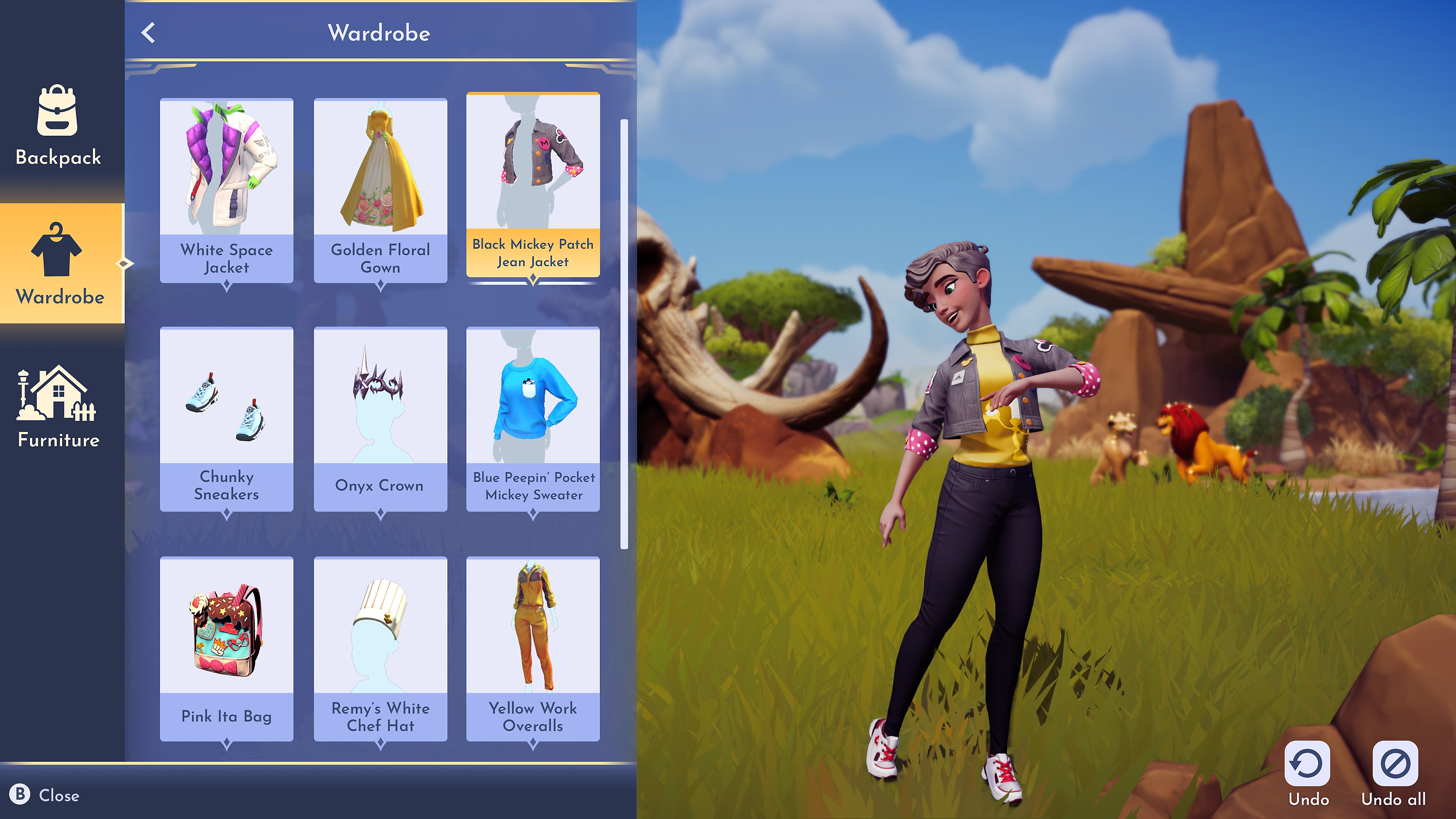 《Disney Dreamlight Valley》螢幕截圖，顯示玩家個人造型和一些自訂選項