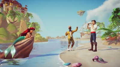 Disney Dreamlight Valley ekran görüntüsünde Ariel bir kayaya uzanıyor ve Eric bir oyuncu avatarının yanında okyanusun yanında duruyor