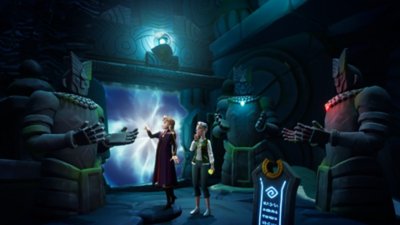 Screenshot van Disney Dreamlight Valley met daarop twee personages omgeven door stenen standbeelden