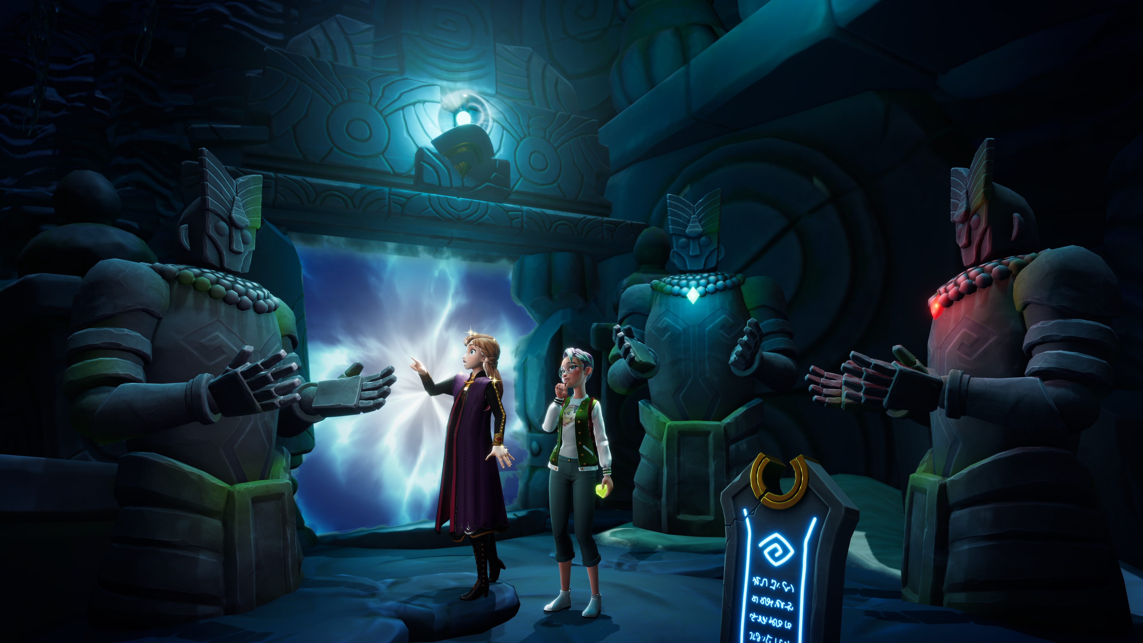 Captura de pantalla de Disney Dreamlight Valley mostrando a dos personajes rodeados de estatuas de piedra