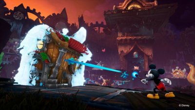 لقطة شاشة من لعبة Disney Epic Mickey: Rebrushed تعرض Mickey Mouse ويستخدم فرشاة الألوان لإضافة عنصر جديد في البيئة