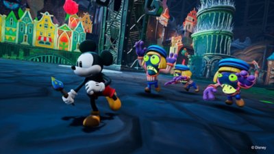 Disney Epic Mickey: Rebrushed-screenshot van Mickey die wegrent bij vijanden