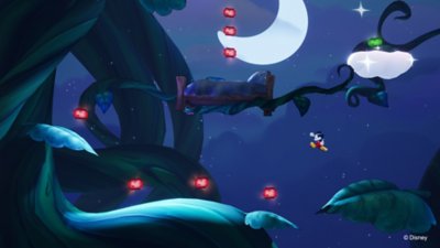 Disney Epic Mickey: Rebrushed-screenshot van een 2D-sectie waarin Mickey een grote sprong maakt