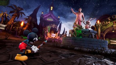 《Disney Epic Mickey: Rebrushed》螢幕截圖，顯示米奇在華特・迪士尼和幸運兔奧斯華雕像前