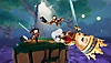 Captura de pantalla de Divine Knockout que muestra a Izanami noqueando al rey Arturo y a Hércules y empujándolos de la plataforma