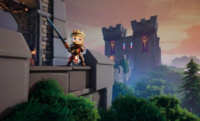 Divine Knockout screenshot showing King Arthur standing atop castle battlements