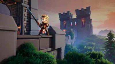 لقطة شاشة من Divine Knockout تعرض الملك آرثر يقف فوق أسوار القلعة