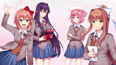 Doki Doki Literature Club Plus!‎ צילום מסך המציג ארבע דמויות מנופפות בפוזה.