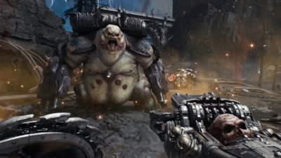 Doom: The Dark Ages στιγμιότυπο που απεικονίζει τον Doom Slayer να πλησιάζει έναν μεγάλο εχθρό