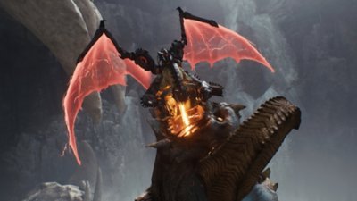 Doom: The Dark Ages – Capture d'écran montrant un dragon crachant du feu dans la gueule d'une plus grosse créature