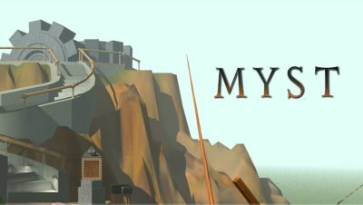 Key-Artwork von Myst mit einem Industriekomplex, der in einen Berg hinein gebaut wurde.