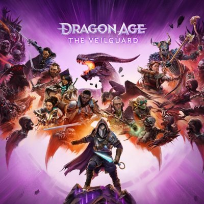 Dragon Age: The Veilguard - keyart van een draak en meerdere personages, waaronder een hoofdpersonage met een zwaard.