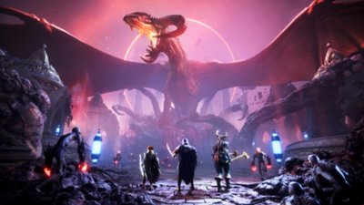 Captura de pantalla de Dragon Age: The Veilguard que muestra a un grupo de tres frente a un dragón