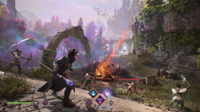 Birden fazla karakterin bulunduğu bir savaş durumunu gösteren Dragon Age: The Veilguard ekran görüntüsü