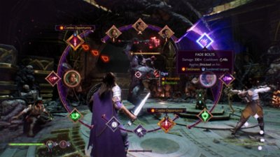 Dragon Age: The Veilguard screenshot showing a combat situation with several attacking options on screen