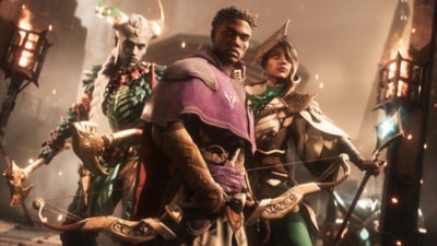 Dragon Age: The Veilguard screenshot showing a party of three characters