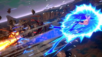 Dragon Ball: Sparking! Zero screenshot showing Super Saiyan God Super Saiyan form Goku attacking
