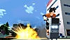 Dragon Ball: The Breakers-screenshot van een personage dat op een scooterachtig politievoertuig wegrijdt van een explosie