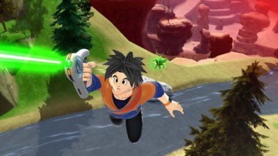 Dragon Ball: The Breakers – Screenshot, der einen Überlebenden zeigt, der mit einem greiferähnlichen Gerät durch die Luft fliegt.