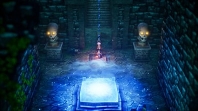 Dragon Quest III HD-2D Remake – Capture d'écran montrant le groupe pénétrant dans une pièce obscure avec un autel bleu luisant, flanqué de deux crânes massifs