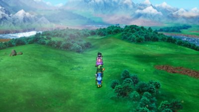 Dragon Quest III HD-2D Remake screenshot showing the party crossing a grassy and wooded overworld section