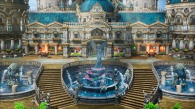 Dragon Quest III HD-2D Remake – Capture d'écran montrant une scène citadine, avec des statues et des fontaines