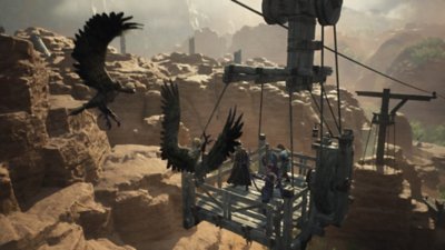 Dragon's Dogma 2 — Captura de tela exibindo personagens sob ataque de criaturas aladas
