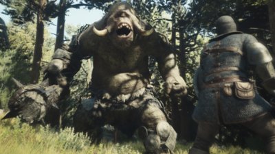 《Dragon's Dogma 2》- 截屏：一名人类角色在树林中遭遇独眼巨人
