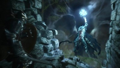 Capture d'écran de Dragon's Dogma 2 – le personnage du joueur se met à l'abri de la menace surnaturelle d'un Dullahan 