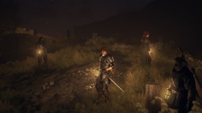 Dragon's Dogma 2 – snímek obrazovky zobrazující družinu hráče v noci