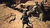 Snímka obrazovky z hry Dragon's Dogma 2 zobrazujúca kyklopov v zložitej situácii, obkľúčených hráčom a pawnami