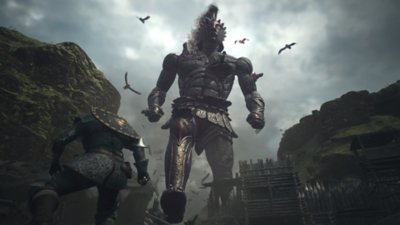Dragon's Dogma 2 - Screenshot con il personaggio giocatore Arisen che incontra il gigantesco nemico umanoide Talos