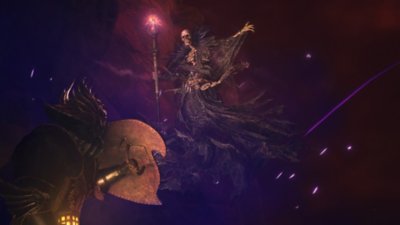 Dragon's Dogma 2 - captura de pantalla que muestra un alma en pena levitando ante un personaje humano, con el báculo levantado como si fuera a lanzar un hechizo