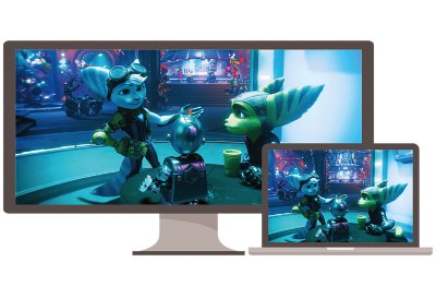 Ecrãs de PC e portátil a mostrar Ratchet & Clank