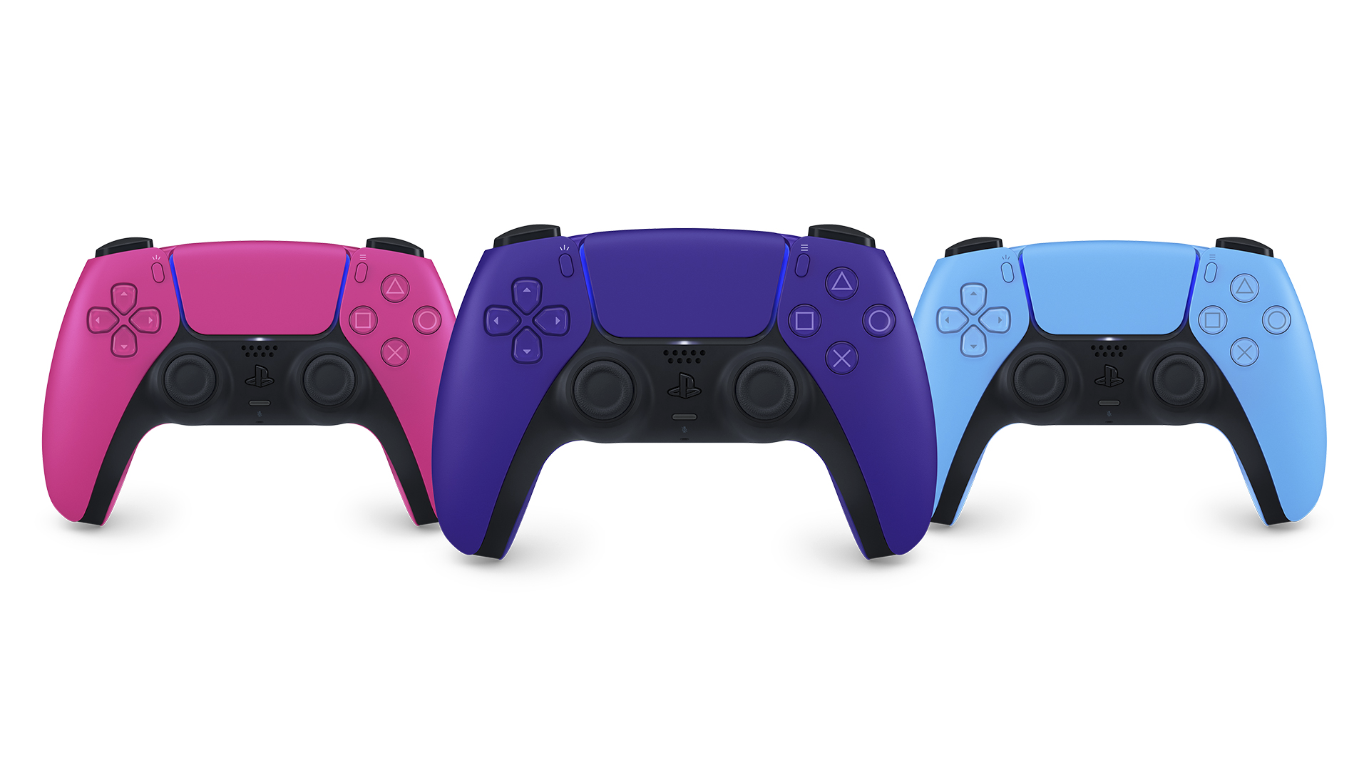 Composite of three dualsense controllers, side by side, in Nova Pink, Starlight Blue and Galactic Purple