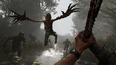 Dying Light: The Beast – Screenshot aus der Perspektive des Spielercharakters, der sich auf den Angriff eines Infizierten vorbereitet, der auf ihn zuspringt