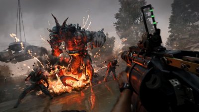 Dying Light: The Beast – Screenshot aus der Perspektive des Spielercharakters, der gegen mehrere Infizierte kämpft und Explosionen ausweicht